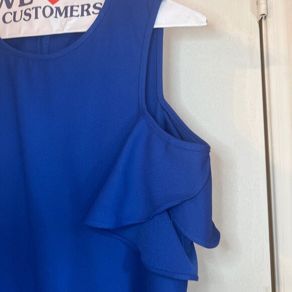 Cold Shoulder Royal Blue Dress With Ruffle Sleeves & Back Zipper Closure - Picture 3 of 5